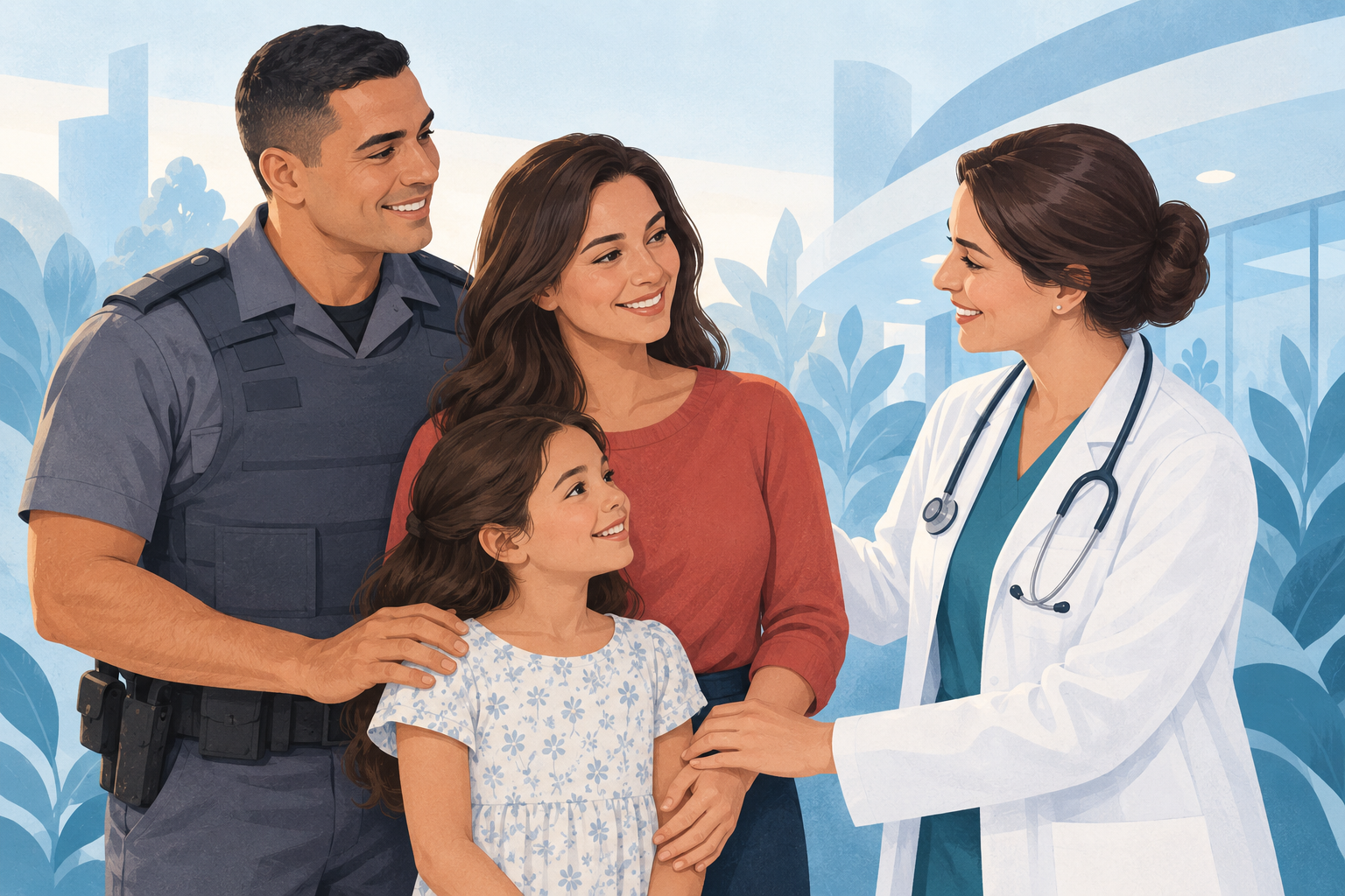 Ilustração de um policial militar com sua família sendo acolhidos por uma médica